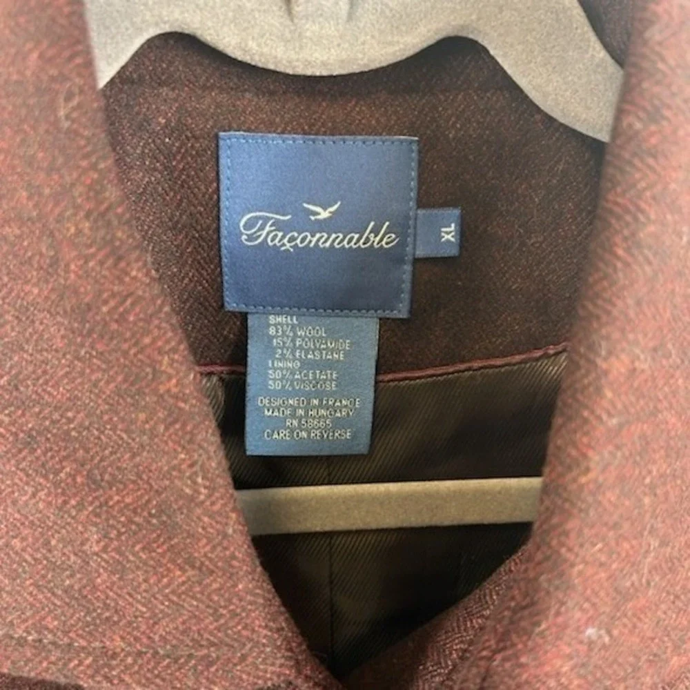 Faconnable Blazer‎ Men's XL Burgundy Wool Blend Jacket Leather Trim Button Front
